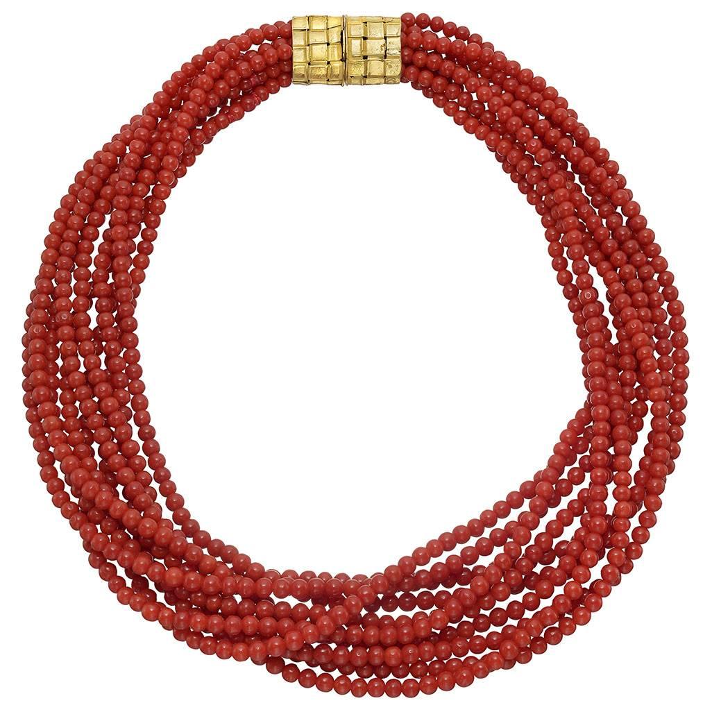 10-Strand Red Coral Bead Necklace