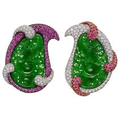 Jade Pink Sapphire Diamond Gold Earrings