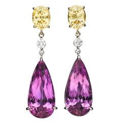 Hamilton Rare Gemstone Kunzite Sapphire Diamond Gold Drop Earrings