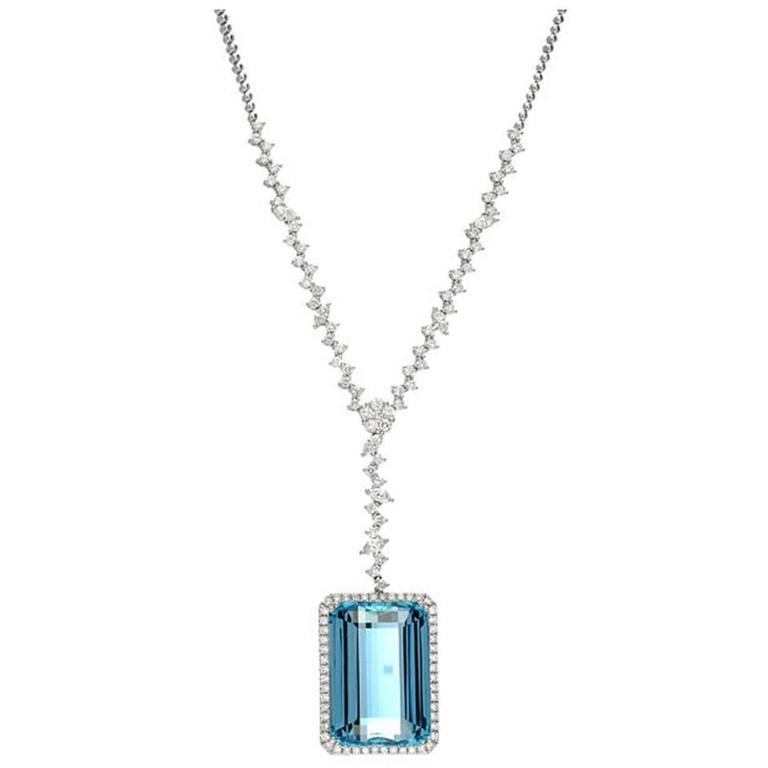 Aquamarine Diamond Gold Necklace For Sale