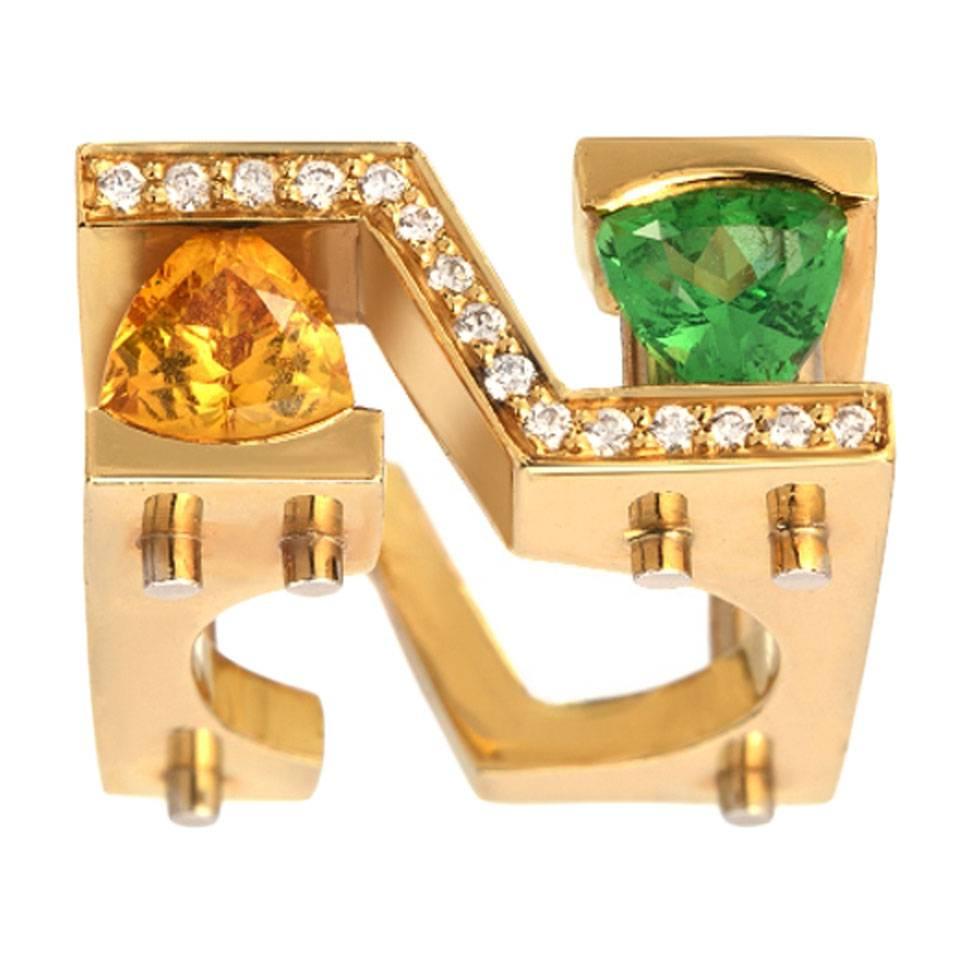 Tsavorite and Yellow Sapphire Diamond Gold Cocktail Ring For Sale