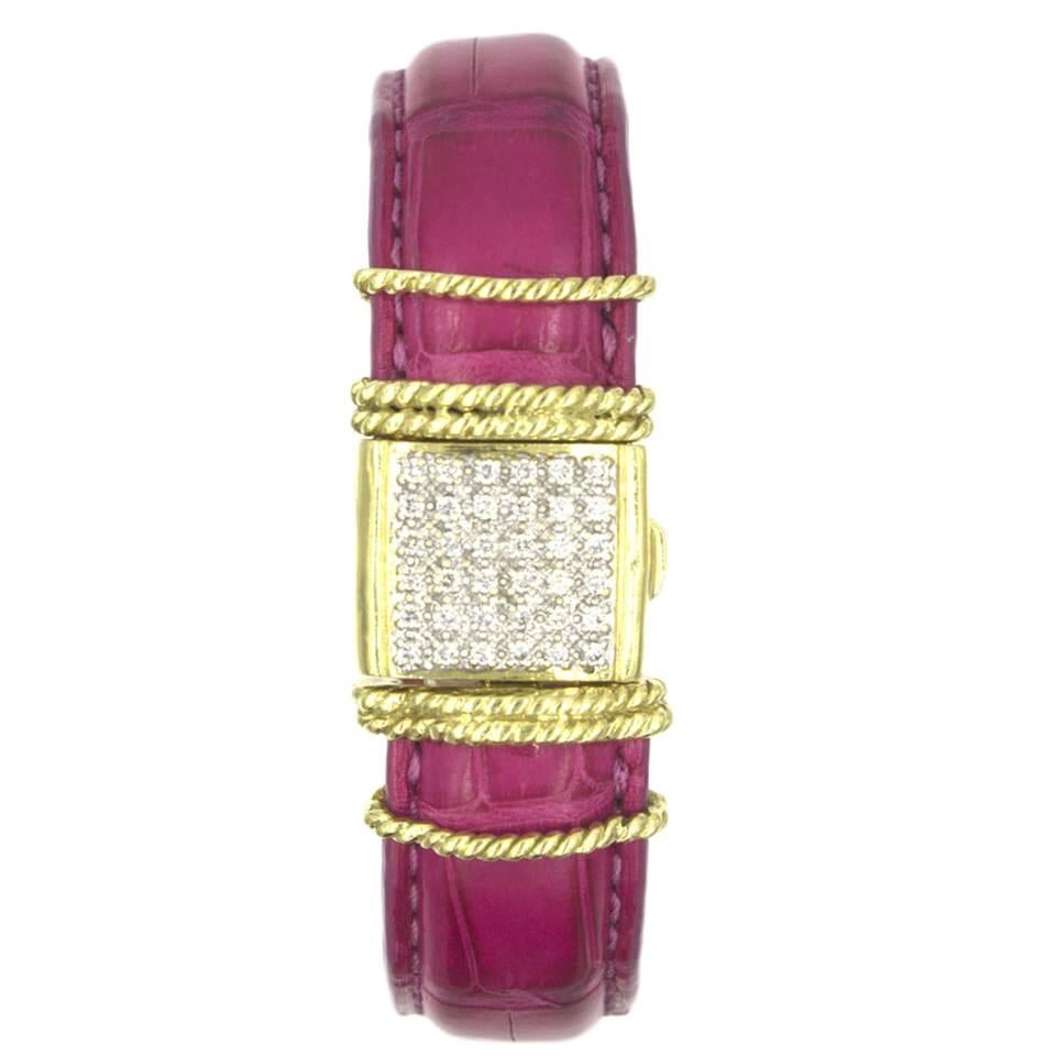 Cassis Diamond 18 Karat Yellow Gold Hot Pink Alligator Bracelet