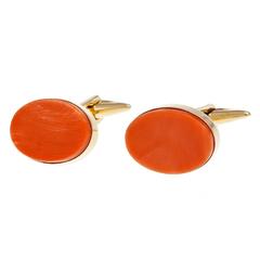 1960s Oval Coral Gold Handmade Cufflinks 2