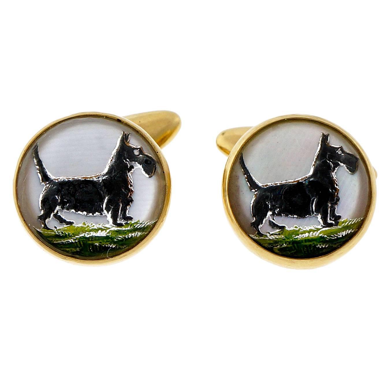 Quartz Crystal Hand Painted Carved Scotty Dog Gold Cufflinks For Sale