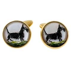 Vintage Quartz Crystal Hand Painted Carved Scotty Dog Gold Cufflinks