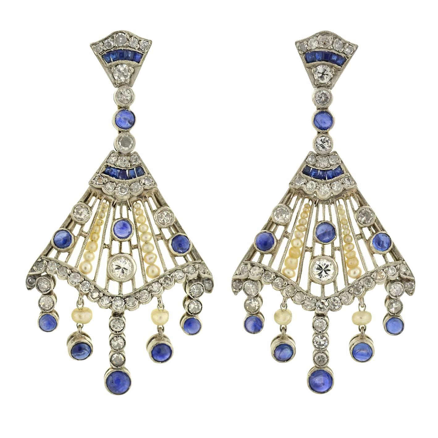 Contemporary Pearl Sapphire Diamond Chandelier Earrings