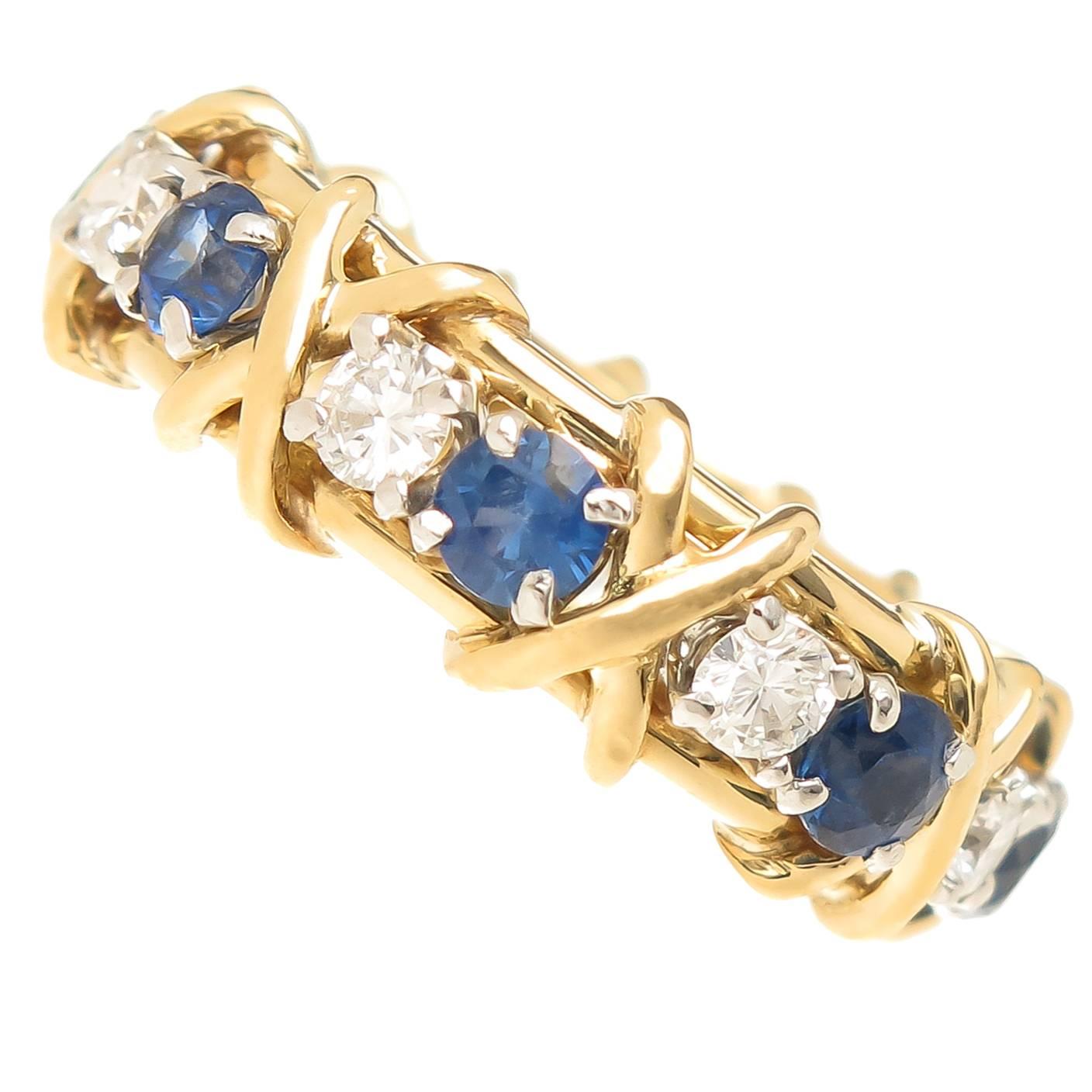 Tiffany & Co. Schlumberger Sapphire Diamond Gold Platinum X Band Ring