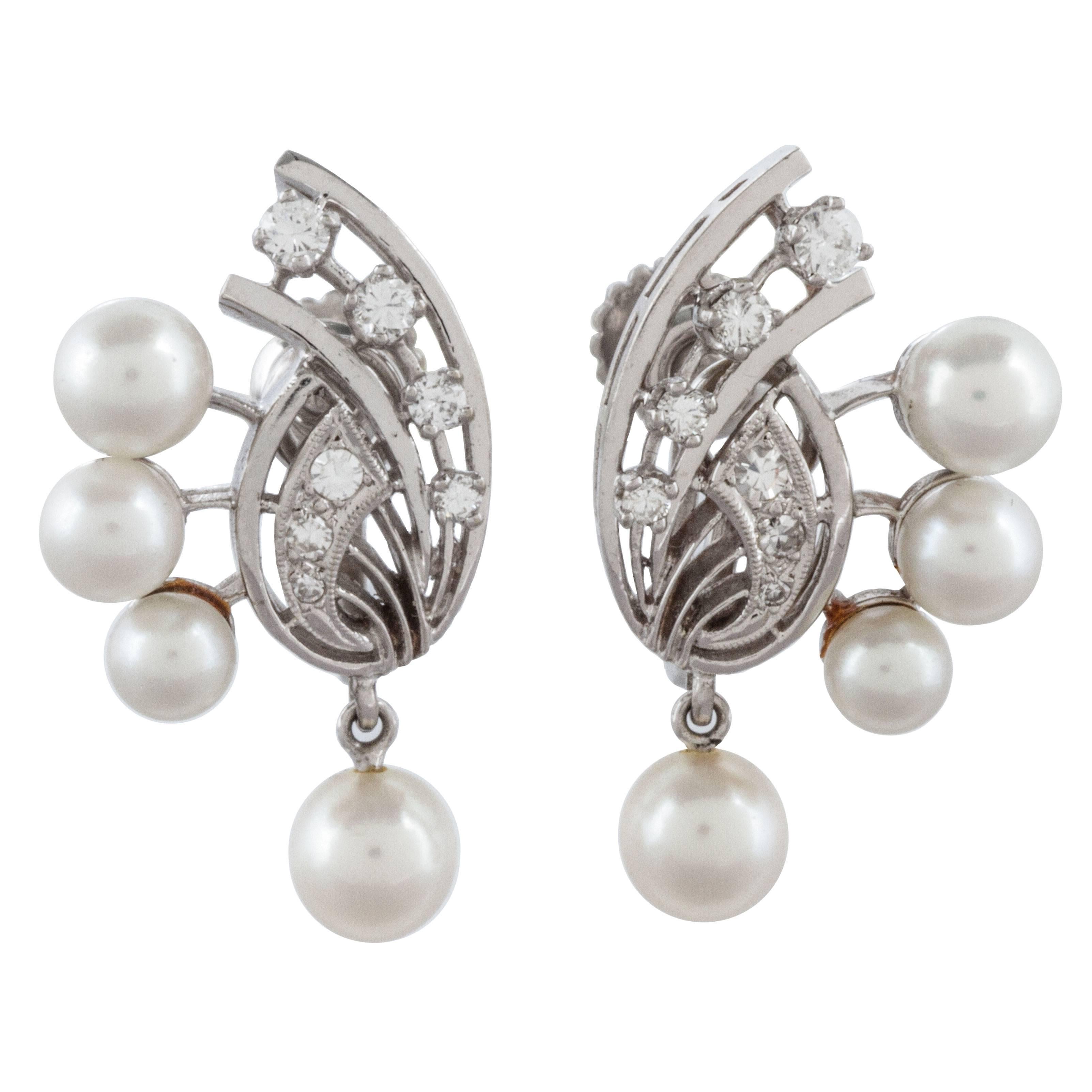 Retro Pearl Diamond Gold Screw Back Earrings For Sale