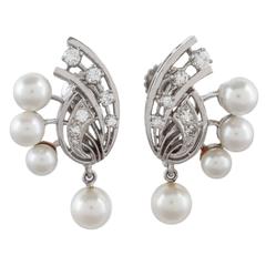 Vintage Pearl Diamond Gold Screw Back Earrings