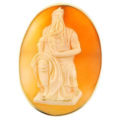 Vintage Large Cameo  After  Michelangelo's Moses Framed In Gold Pin Pendant