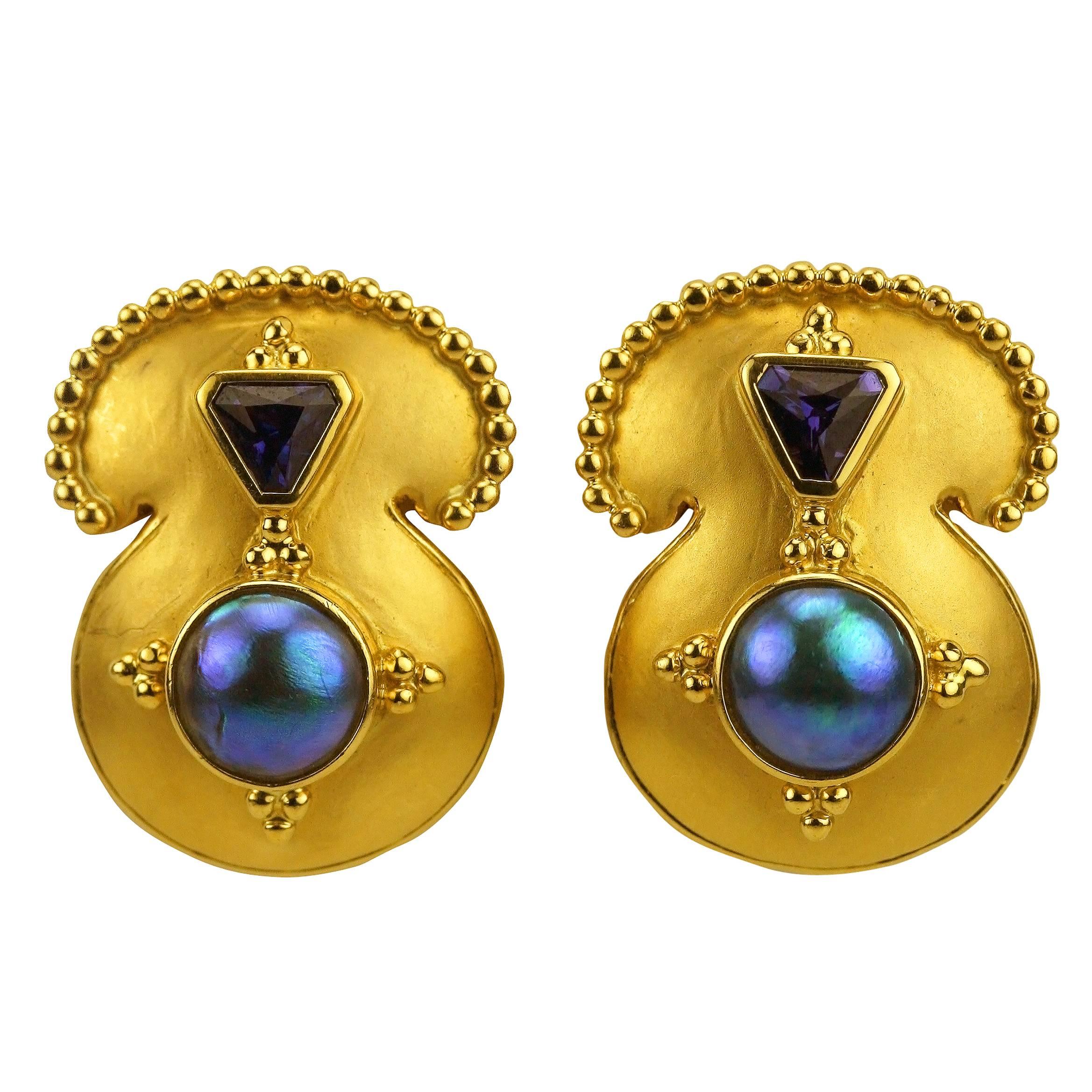Crevoshay Archetypal Pearl Purple Sapphire Gold Earrings For Sale