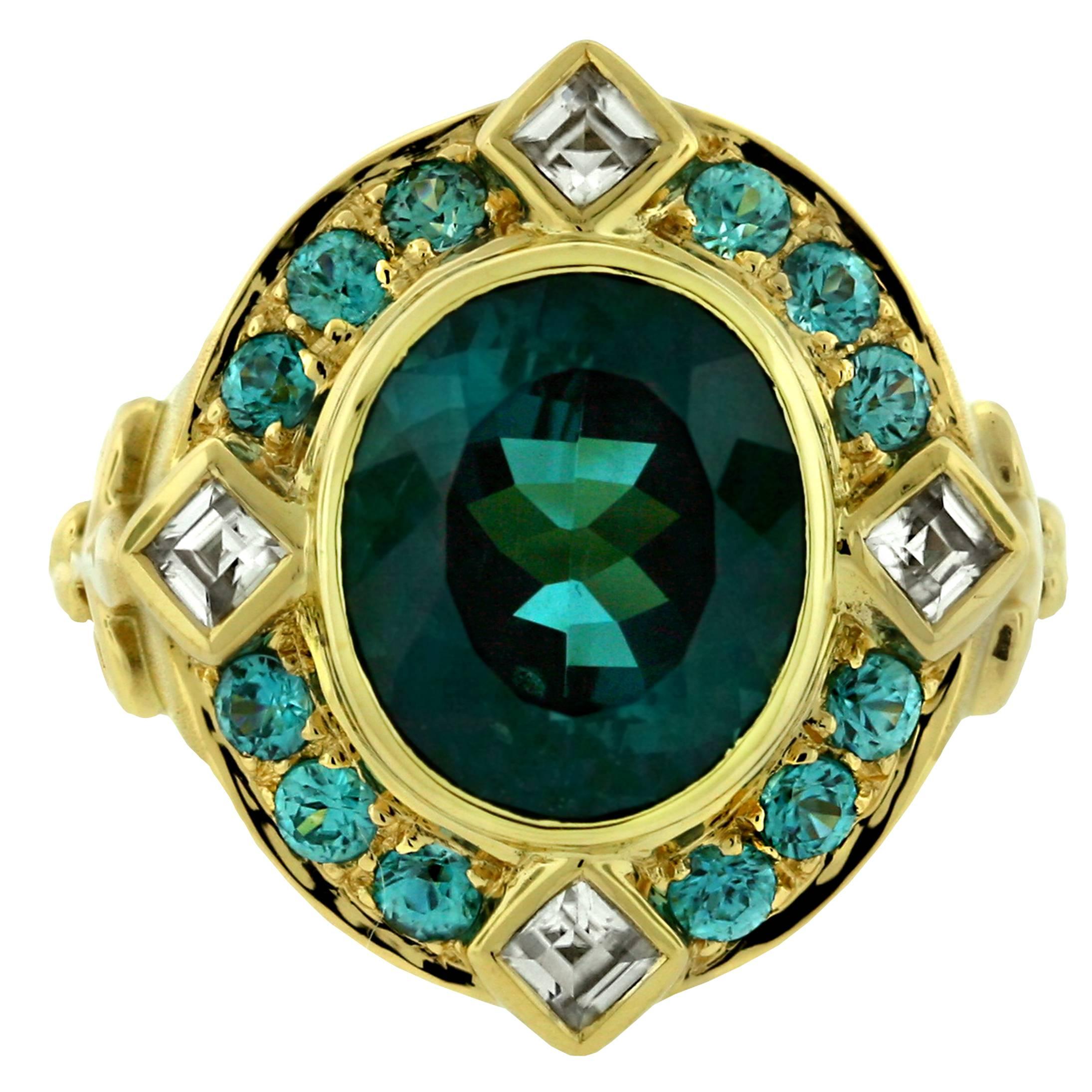 Crevoshay Sophisticated Handmade Tourmaline Zircon Gold Ring For Sale