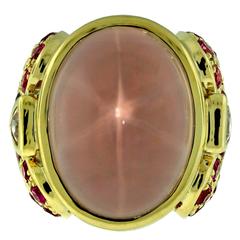 Crevoshay Stunning Handmade Star Rose Quartz Opal Tourmaline Gold Ring 7