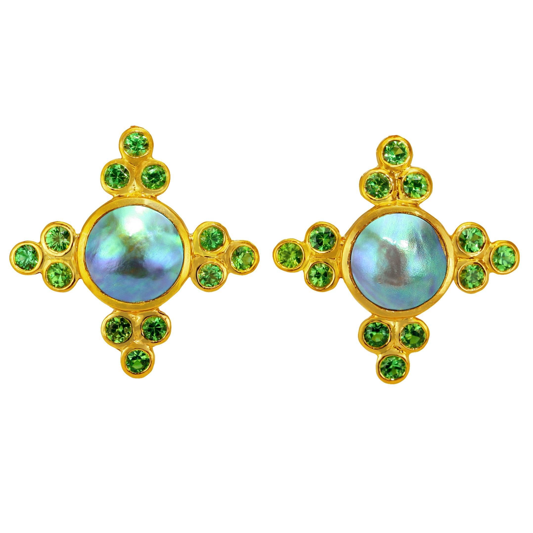Crevoshay Regal Tsavorite Cultured Pearl Gold Earrings For Sale