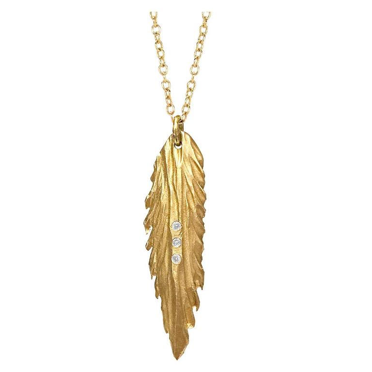 White Diamond Matte Gold Organic Fern Pendant Handmade Necklace For