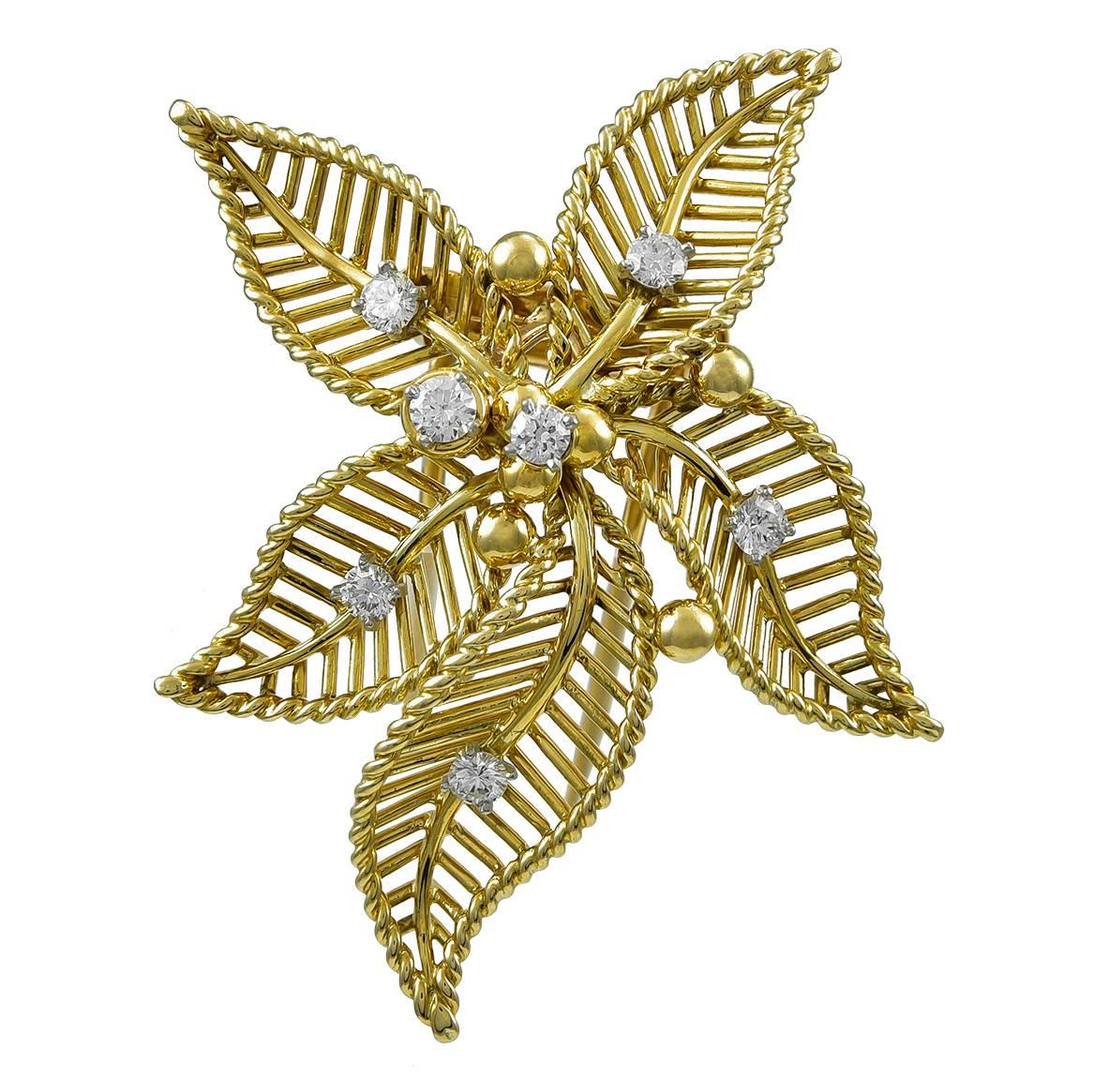 Cartier Paris Diamond Gold Flower Brooch For Sale
