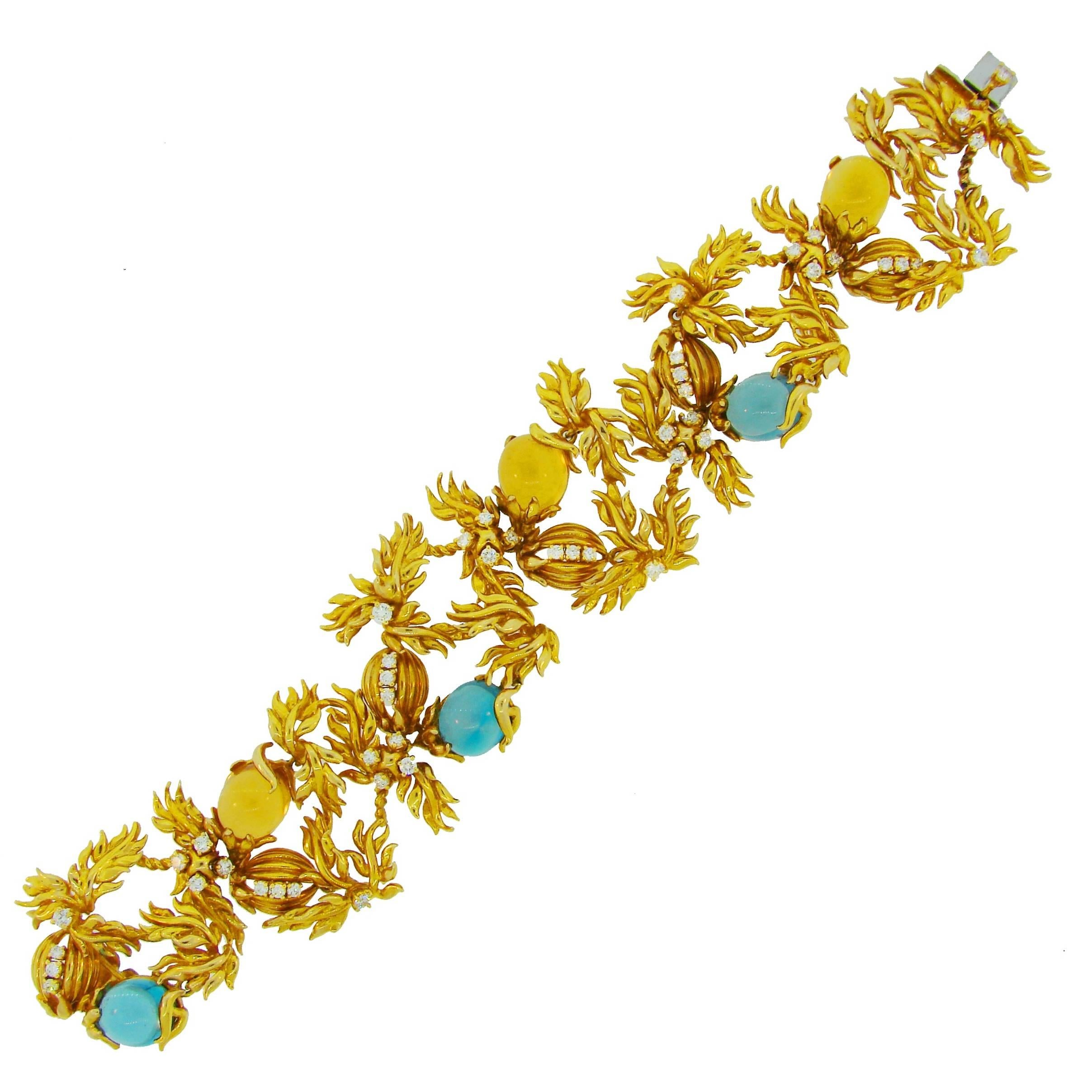 1980s Cartier A. Cipullo Citrine Topaz Diamond Gold Floral Motif Bracelet For Sale
