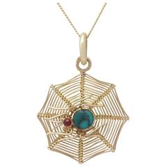 Antique1890s Turquoise and 9k Yellow Gold Spiderweb Pendant