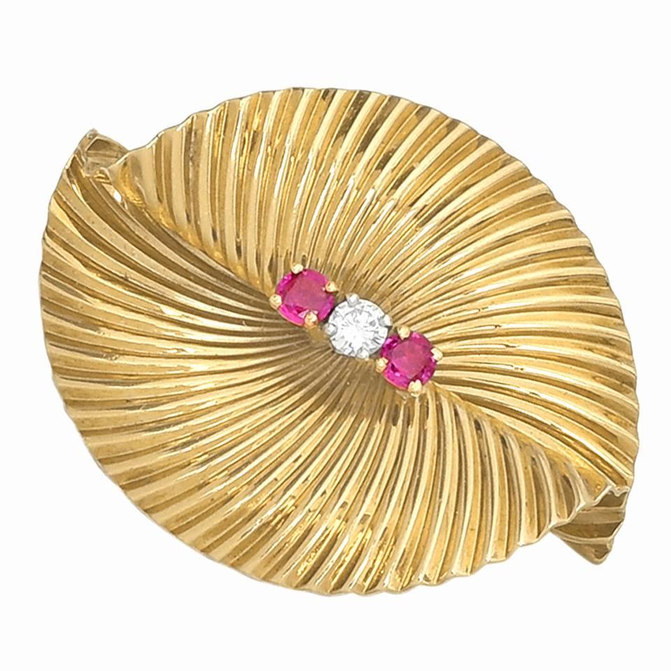 Tiffany & Co. Ruby Diamond Gold Double Fan Brooch