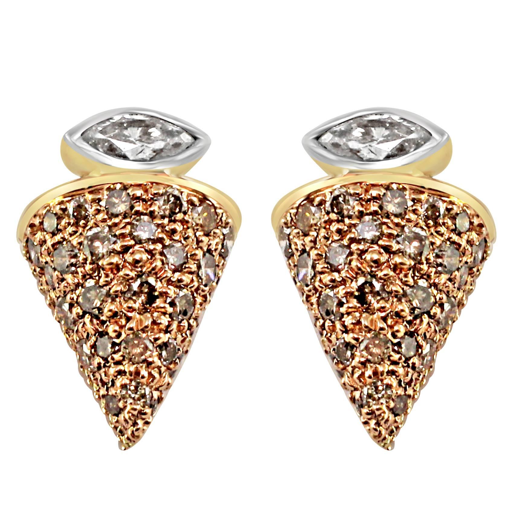 Champagne Diamond Gold Cone Earring Tops  For Sale
