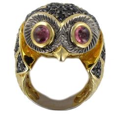 New Black Spinel and Tourmaline Cabochon Owl Ring