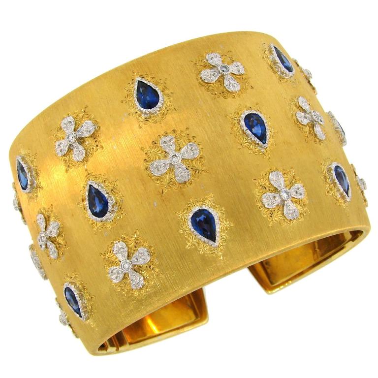 Mario Buccellati Sapphire Diamond Gold Cuff Bracelet at 1stDibs