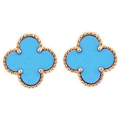 Retro  Van Cleef & Arpels Turquoise Gold Alhambra Earrings