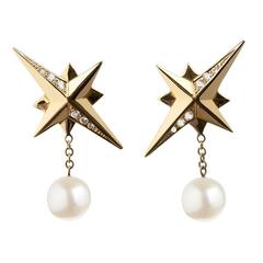 Cultured Freshwater Pearl Diamond Gold Star Earrings 4