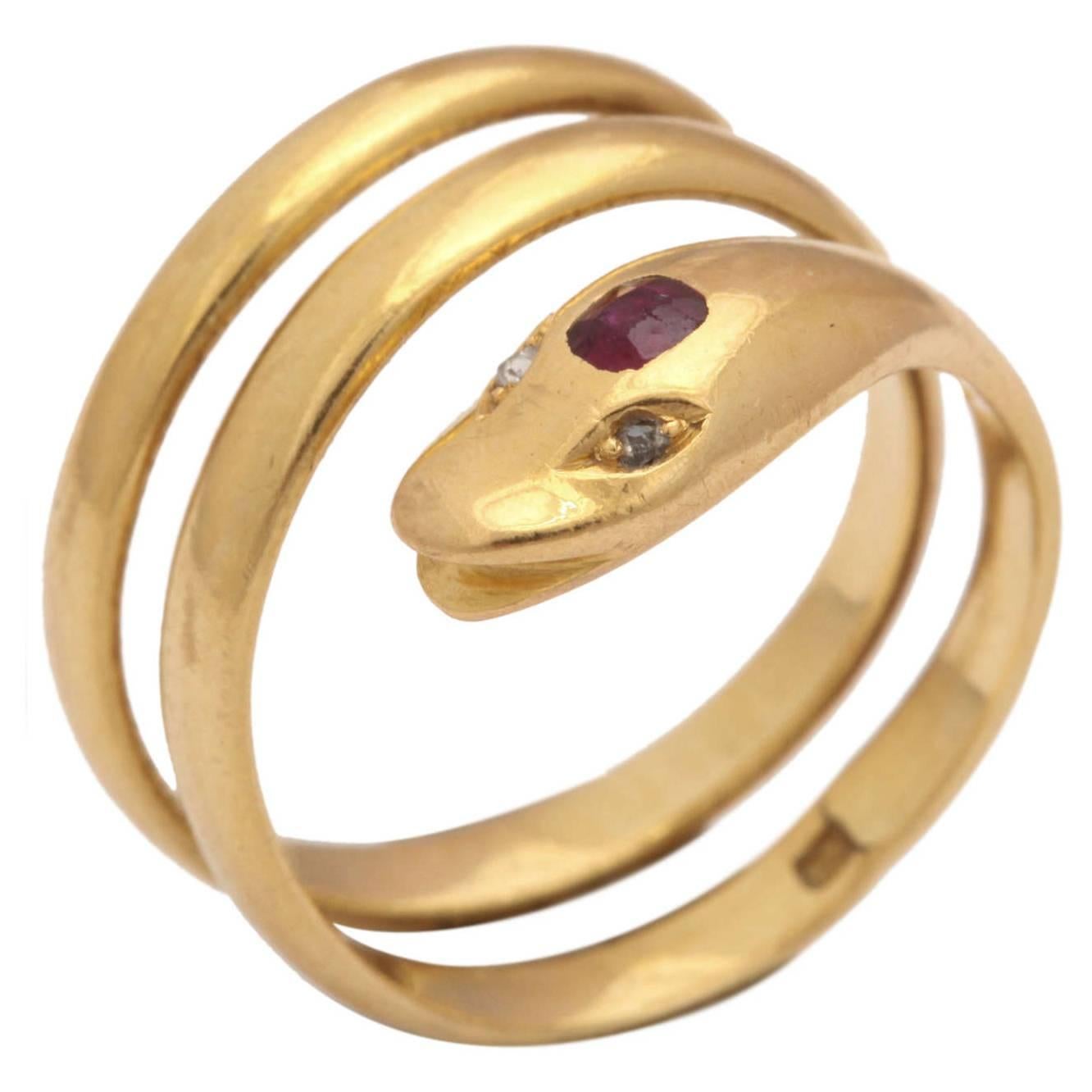 Antique 18kt Serpent Ring, Diamond Eyes, Ruby Forehead
