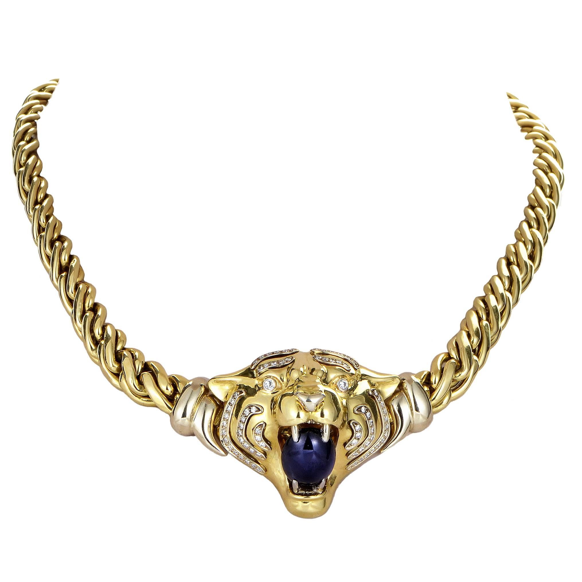 Italian Sapphire Diamond Gold Tiger Pendant Necklace