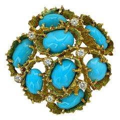 Turquoise Diamond Gold Brooch