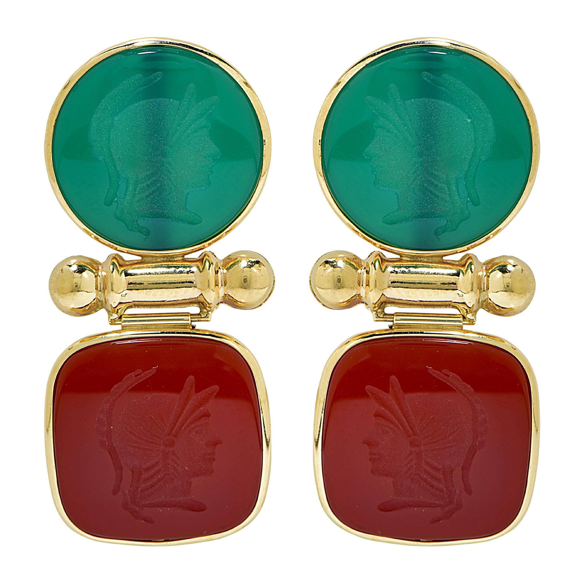 Green Onyx Carnelian Intaglio Gold Earrings