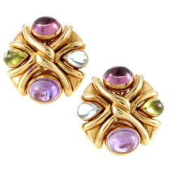 Vintage Bulgari Multi Gemstone Gold Clip-on Earrings