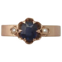 Antique 1890s 1.09 Carat Sapphire and Pearl, 18k Yellow Gold Dress Ring 3
