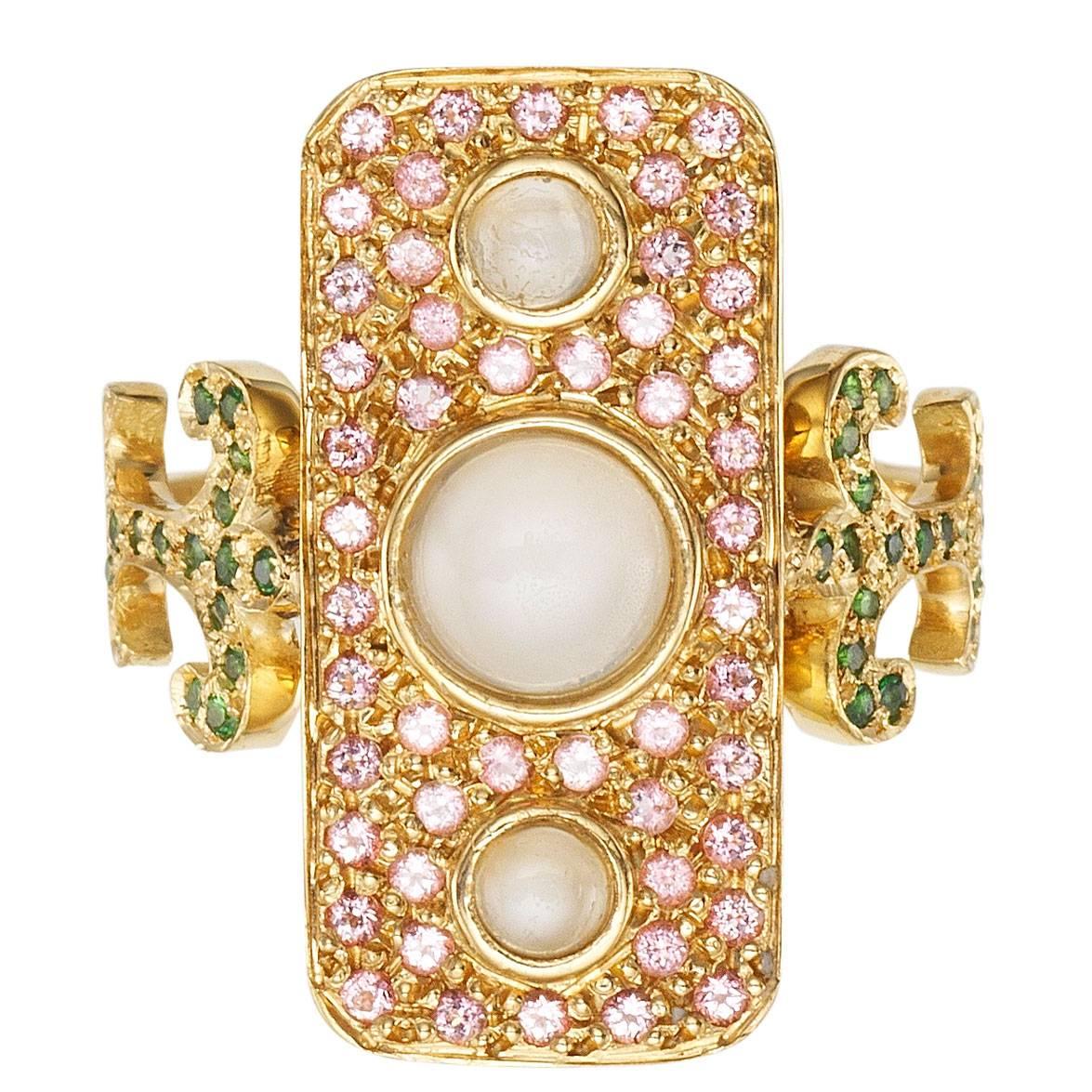 Sabine Getty Navona Ring in Gold set with Moonstone, Pink Topaz and Tsavorite