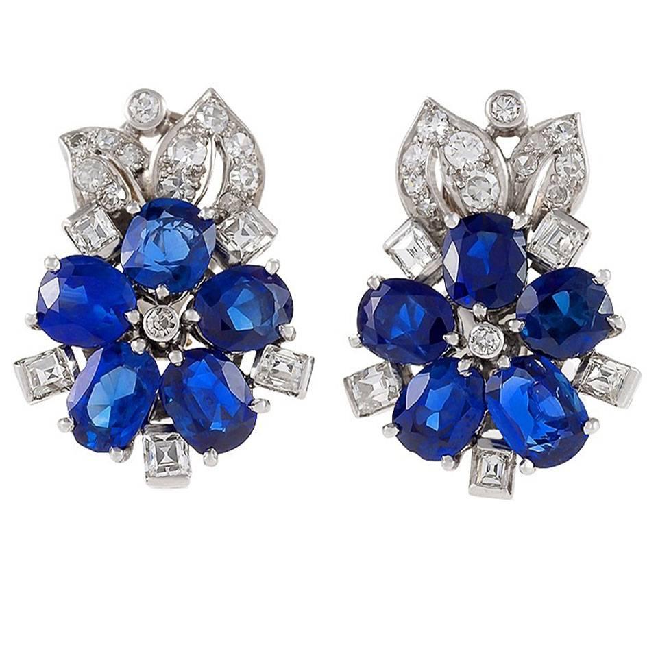 1930s Retro Diamond, Blue Sapphire and Platinum Flower Earrings