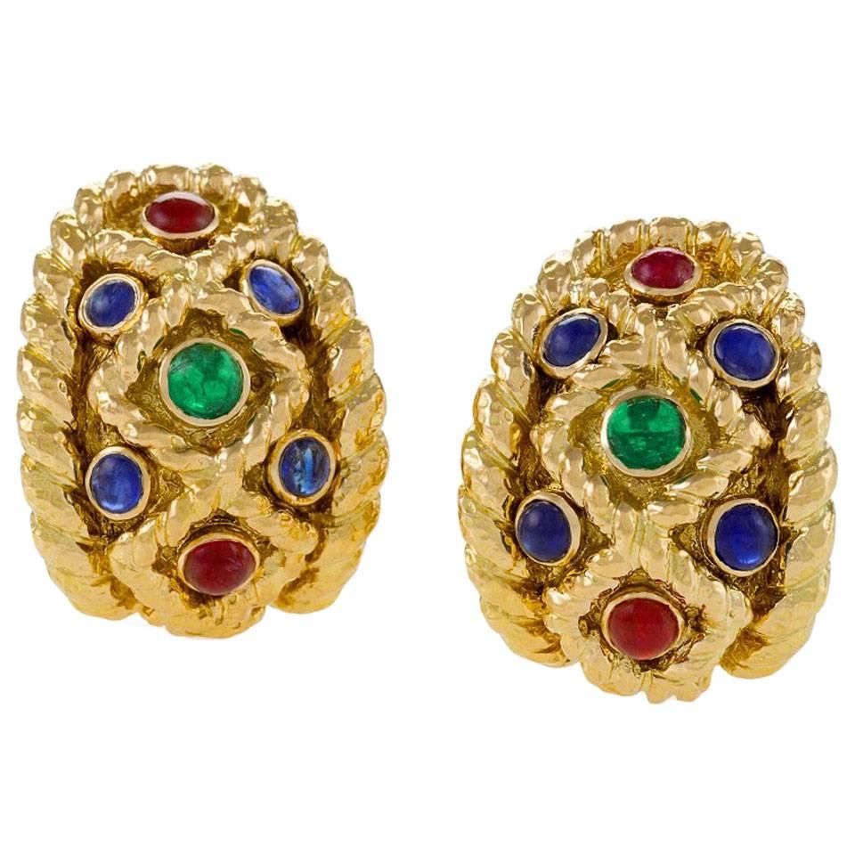 David Webb 1970s Sapphire, Ruby, Emerald and Gold Earrings
