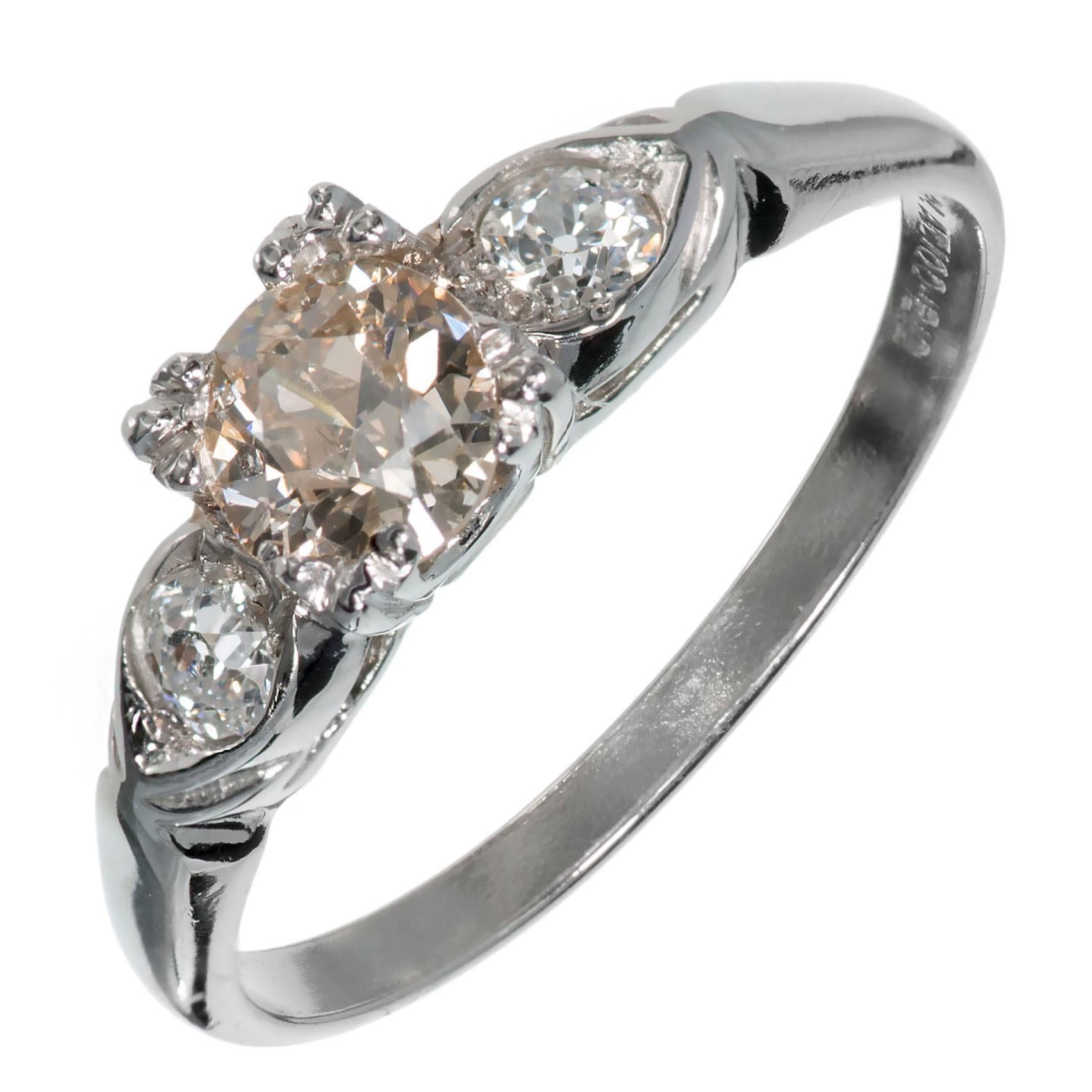 Art Deco Natural Light Brown Diamond Three-Stone Platinum Engagement Ring For Sale