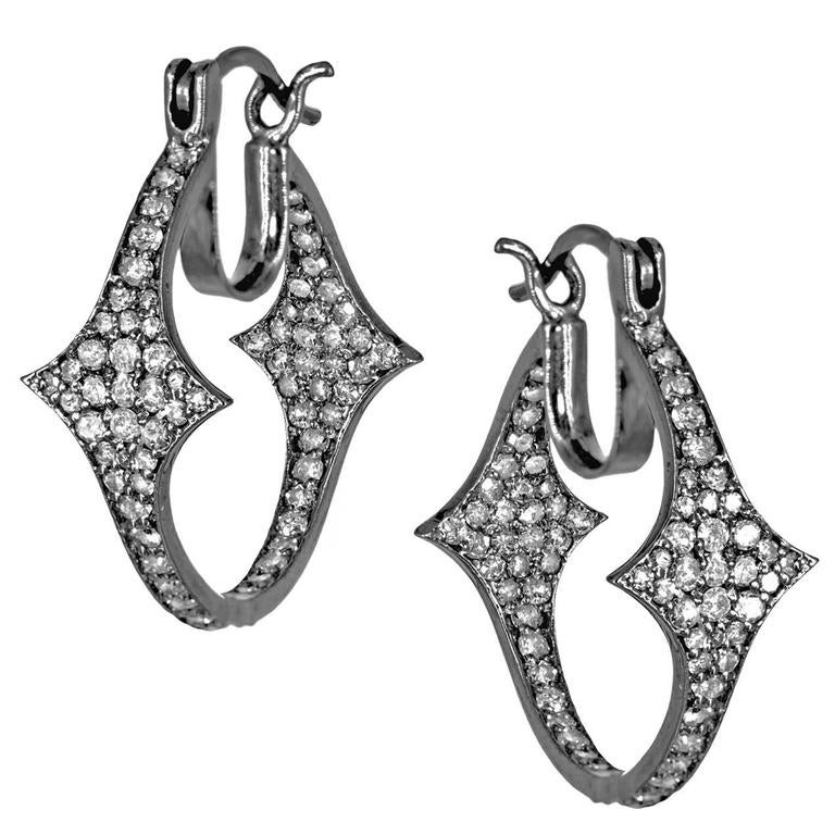 Lauren Harper Double Sided Shimmering Diamond Oxidized Silver Hoop Lauren Harper Double Sided Shimmering Diamond Oxidized Silver Hoop Earrings For