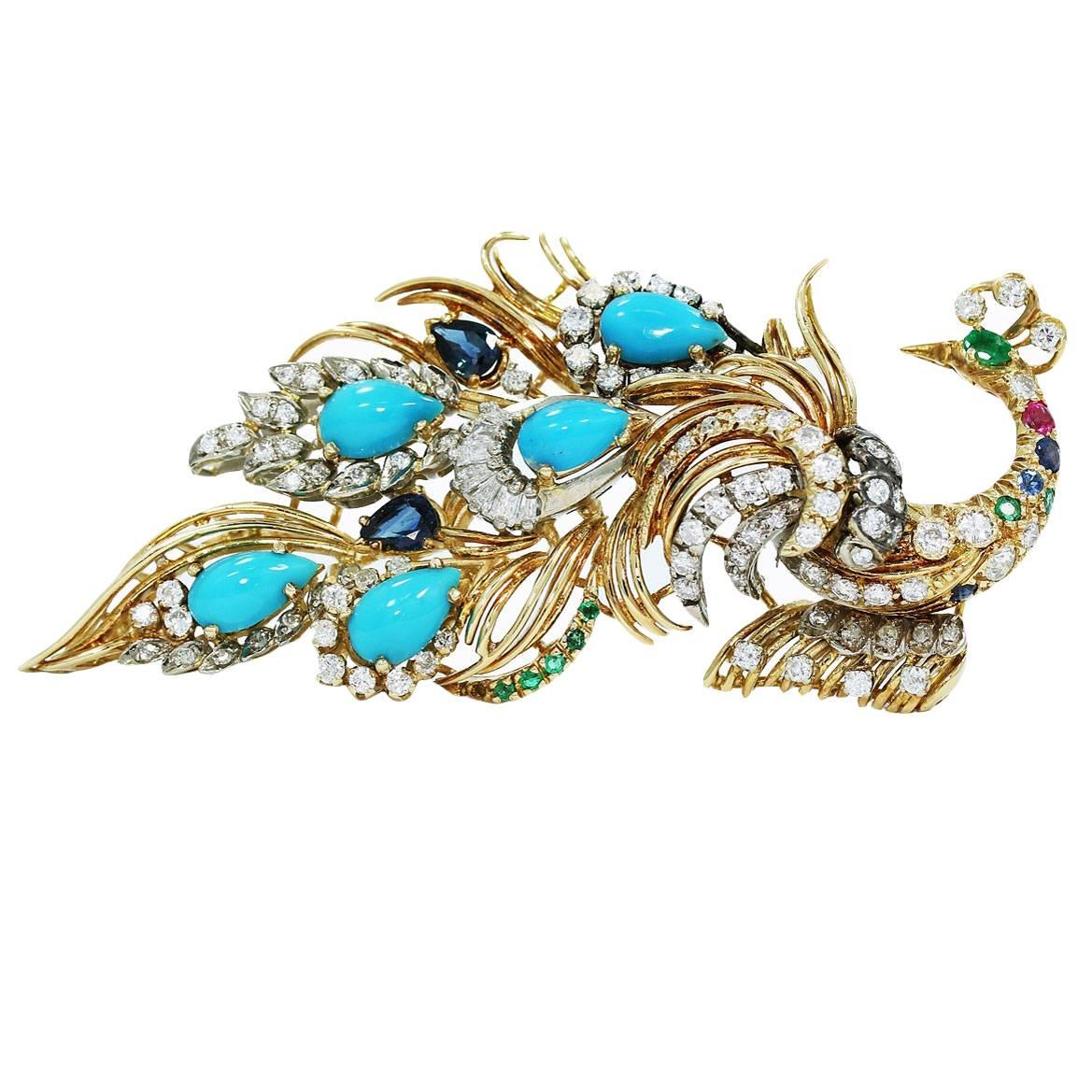 Amazing Multi Gemstone Diamond Gold Peacock Brooch For Sale