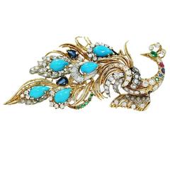 Amazing Multi Gemstone Diamond Gold Peacock Brooch