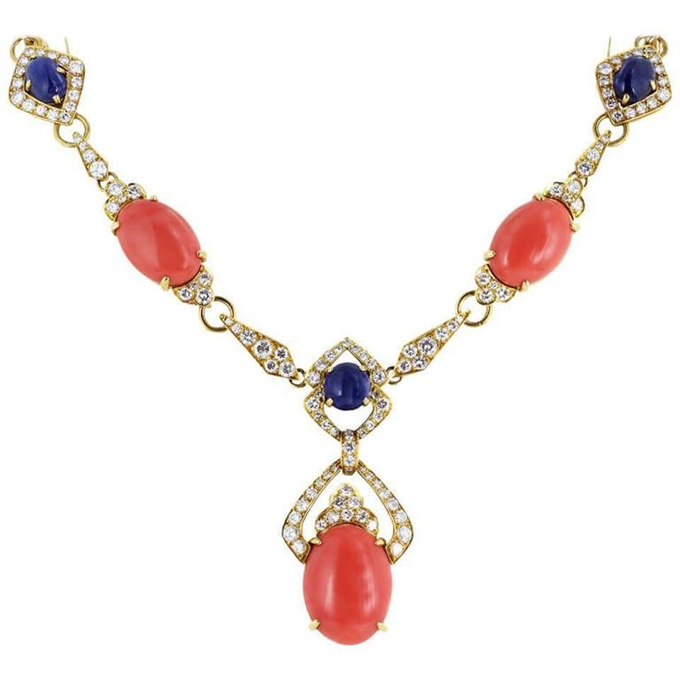 G. Pettochi Coral Sapphire Diamond Necklace and Earrings Set