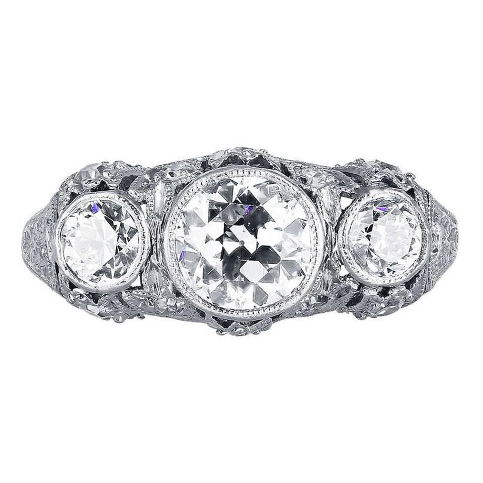 1.85 Carat Old European Cut Diamond Platinum Edwardian 3 three stone Dome ring For Sale