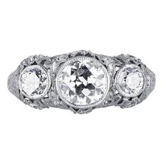 1.85 Carat Old European Cut Diamond Platinum Edwardian 3 three stone Dome ring