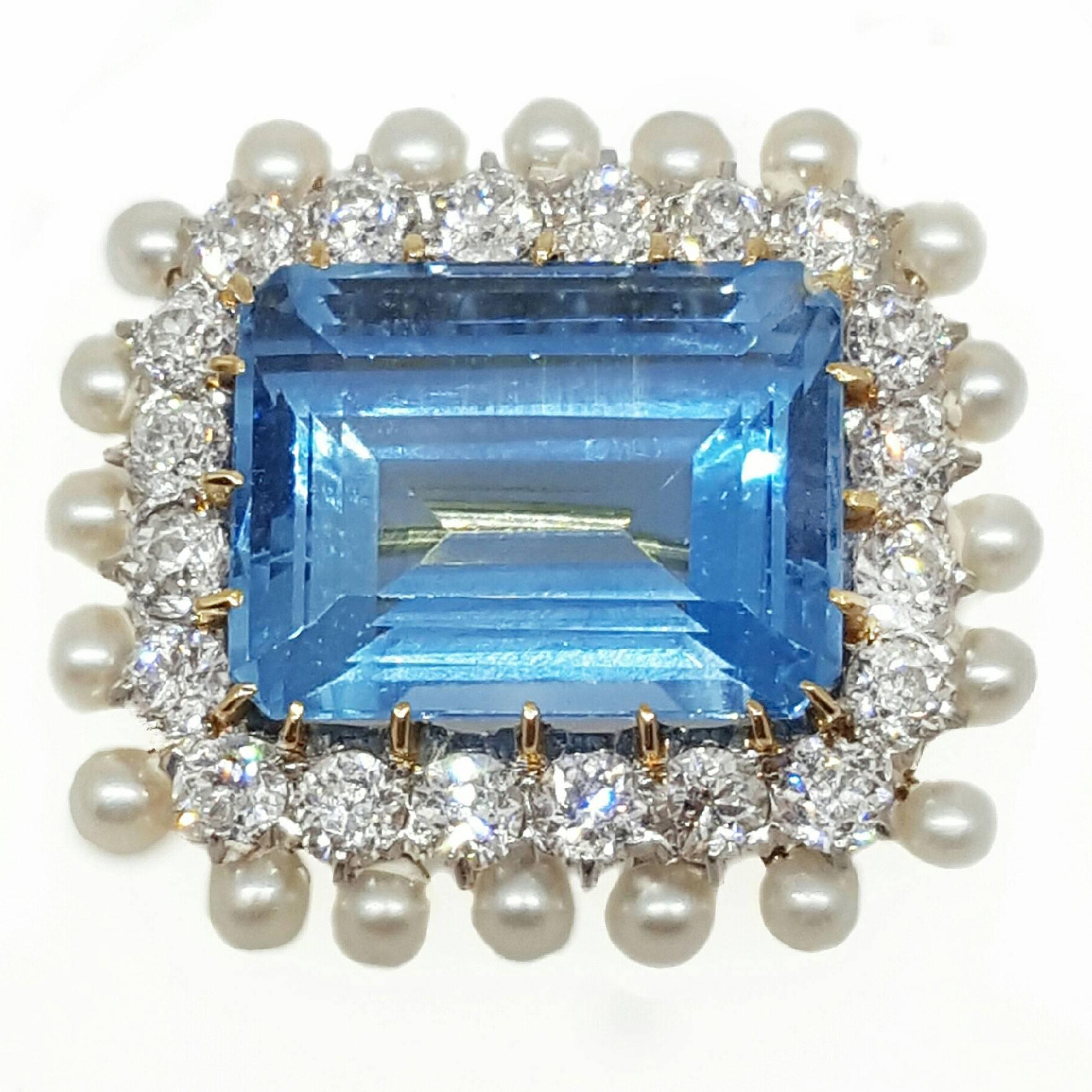 1900s 12 Carat Aquamarine Pearl Diamond Gold Brooch 