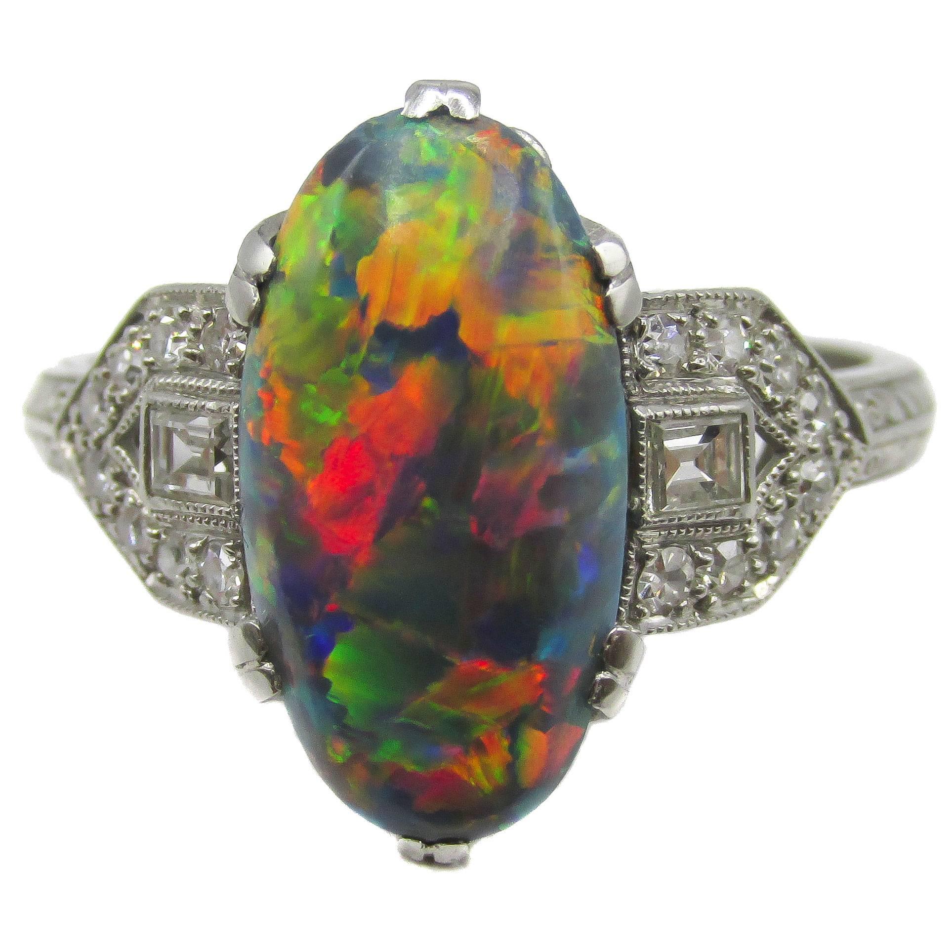 Art Deco Platinum Diamond " Lightning Ridge " Black Opal Ring