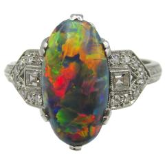 Art Deco Platinum Diamond " Lightning Ridge " Black Opal Ring