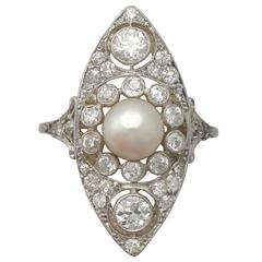Antique 1910s Pearl and 1.84 Carat Diamond, 14k Yellow Gold Marquise Ring