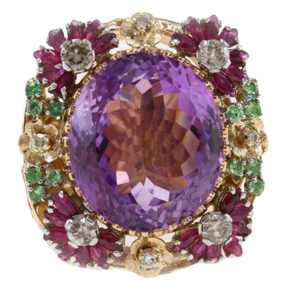 24.93 ct Amethyst Tsavorites, 0.74 ct  Diamonds, 1.85 ct Rubies Rose Gold Ring For Sale