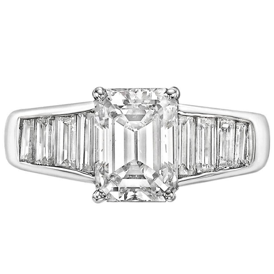 2.02 Carat GIA Cert Emerald-Cut Diamond Platinum Engagement Ring For Sale